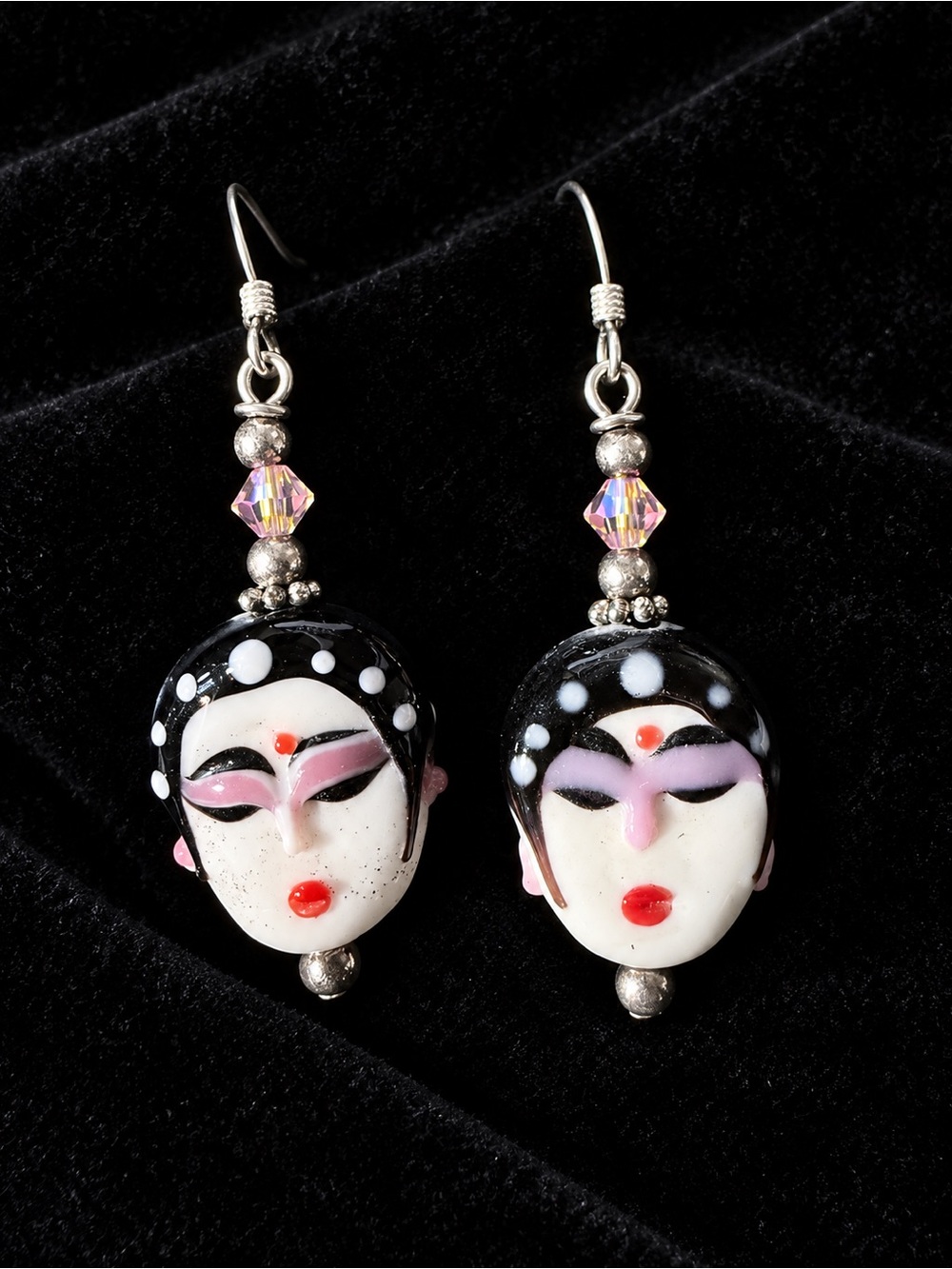 Handcrafted Black and White Asian Opera Mask Drop Earrings